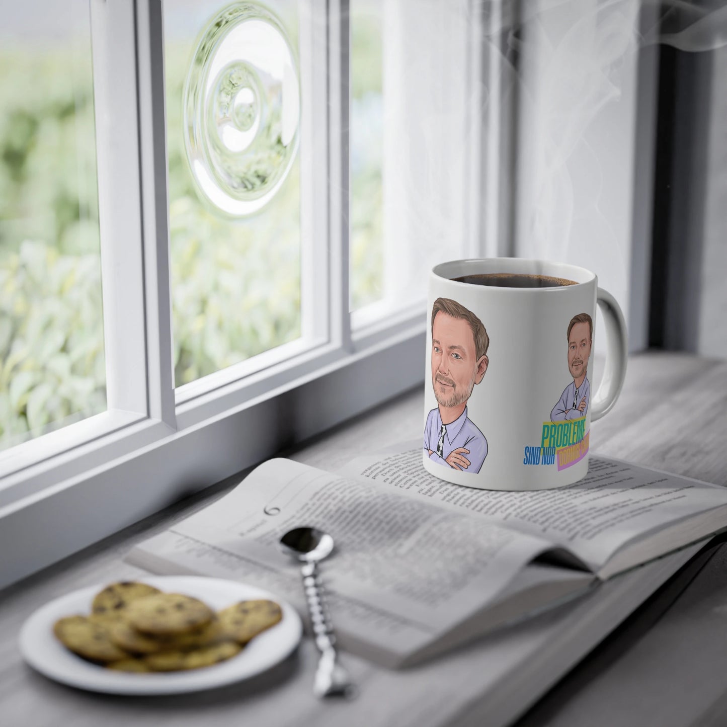 Christian Lindner Merch Kaffeetasse am Fensterbrett