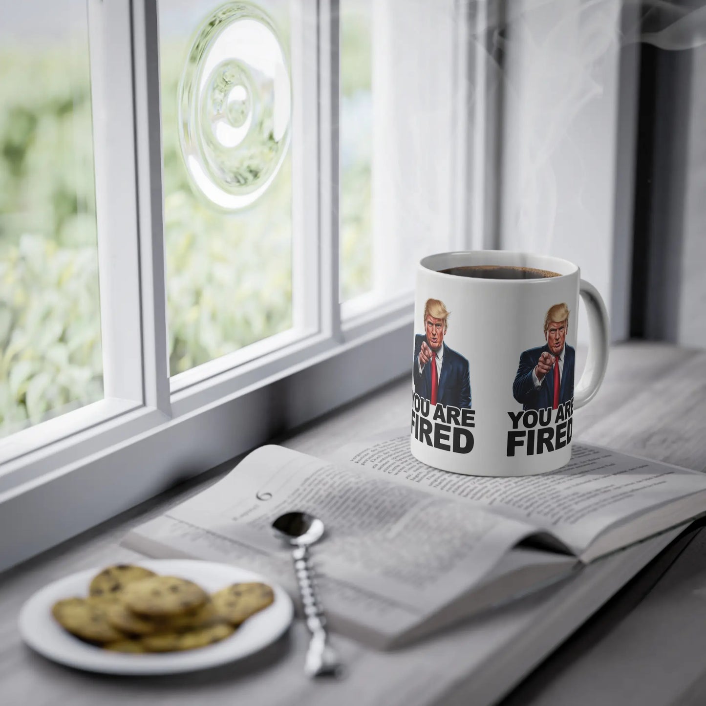 Donald Trump Merch Tasse auf Buch am Fensterbrett