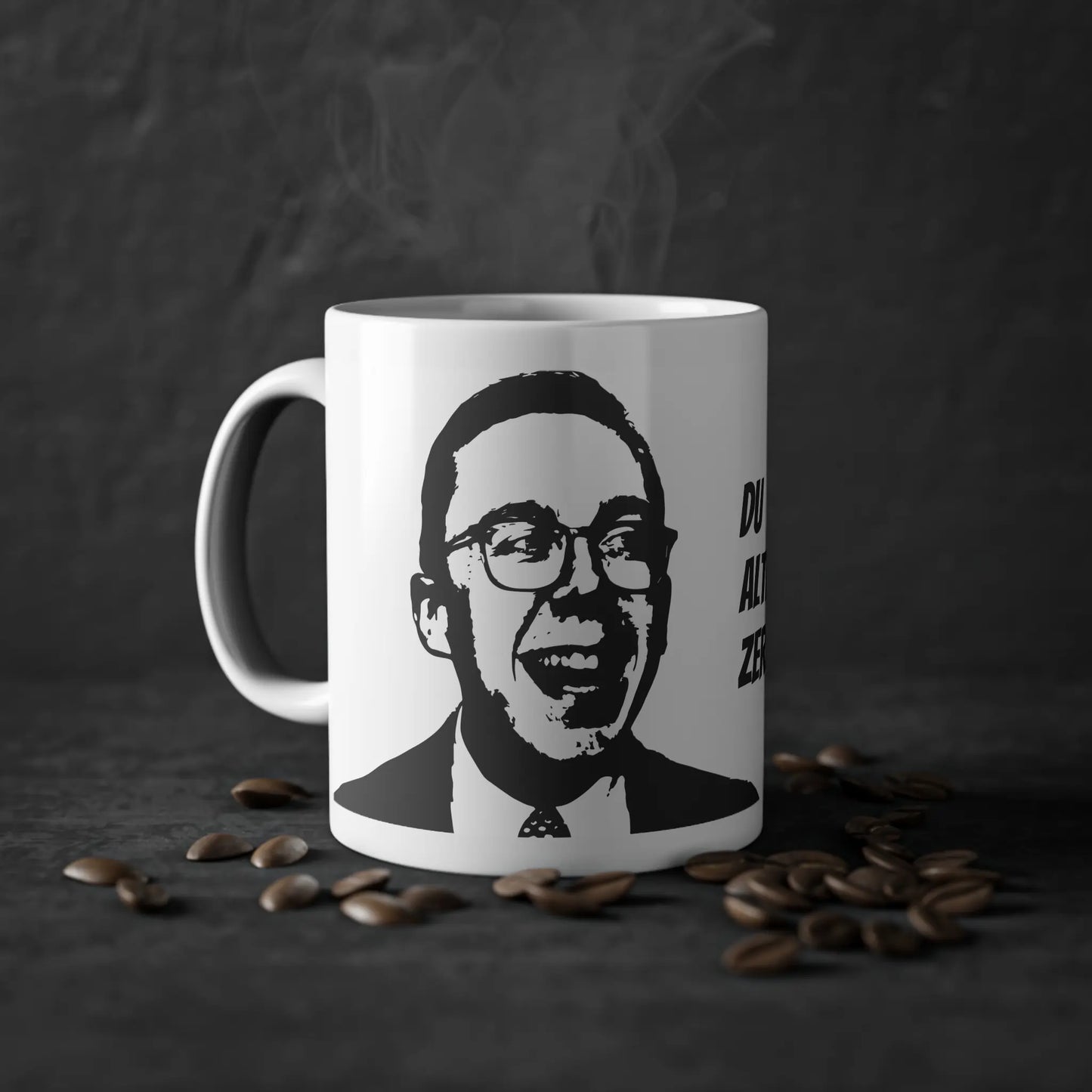 Diese lustige kaffeetasse kombiniert den frechen Spruch 'Du alter Zerstörer' mit einem amthor meme – ein ideales Geschenk für alle, die Politik humorvoll genießen möchten.