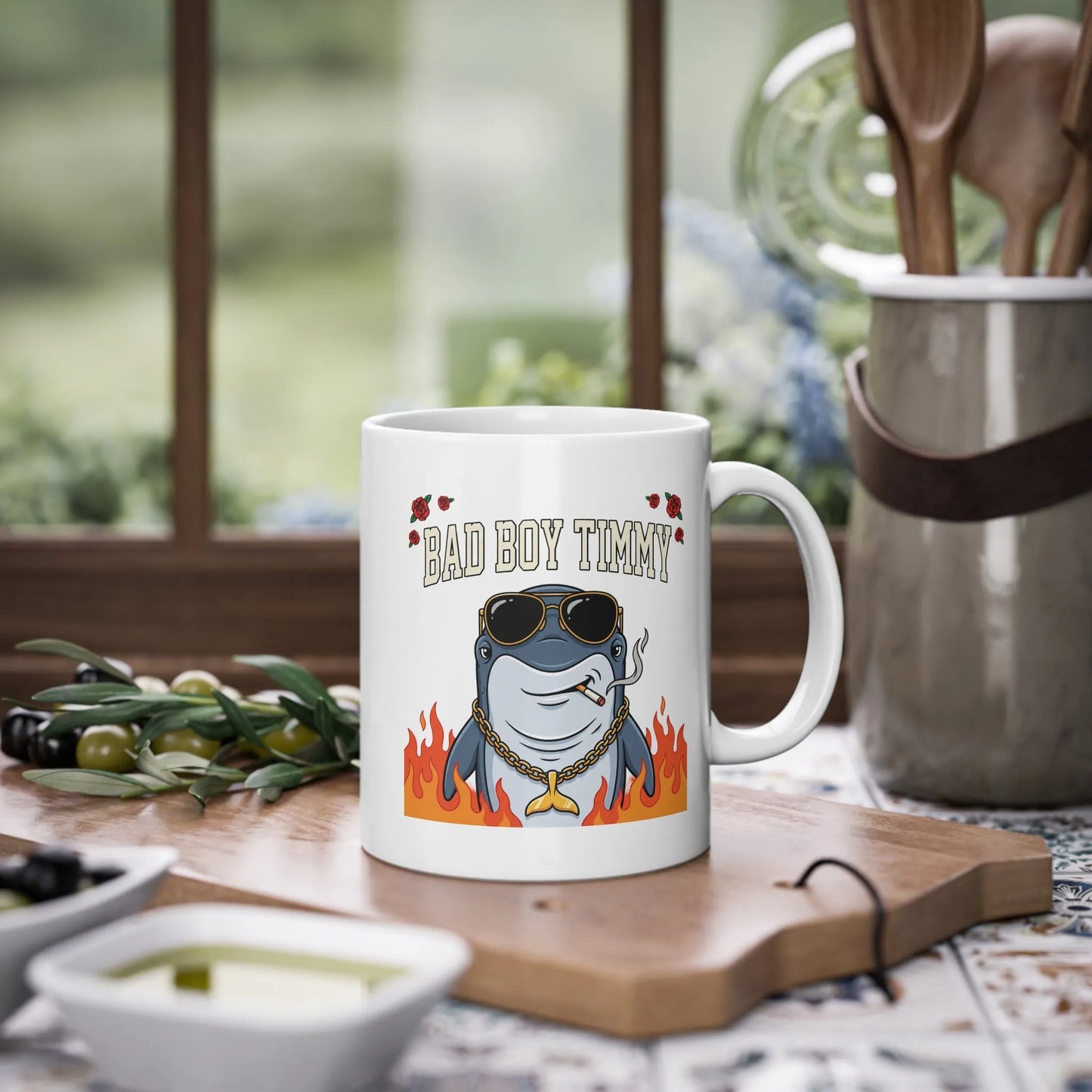 White ceramic mug featuring the Bad Boy Timmy graphic, a cool shark with sunglasses and a flame design, dishwasher safe and spülmaschinenfest.