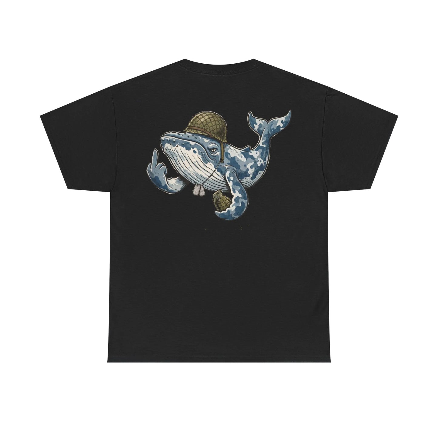 Black cotton T-shirt featuring a cartoon humpback whale wearing a military helmet and holding a grenade, representing the Timmy der Wal FXXX HUMANS collection.