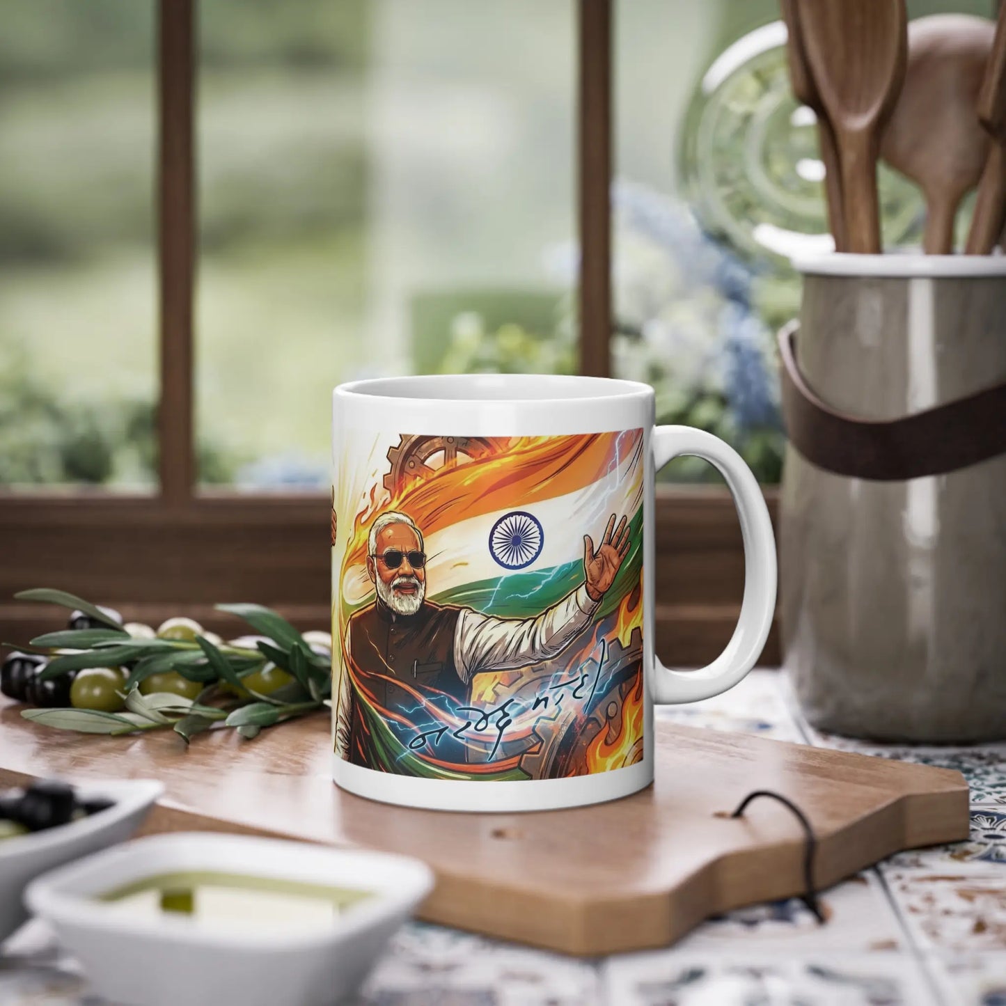 Tasse auf einem Küchenbrett, zeigt die deutsche und indische Flagge im Feuer-Design. Ideales Büro Geschenk Indien für internationale Teams.