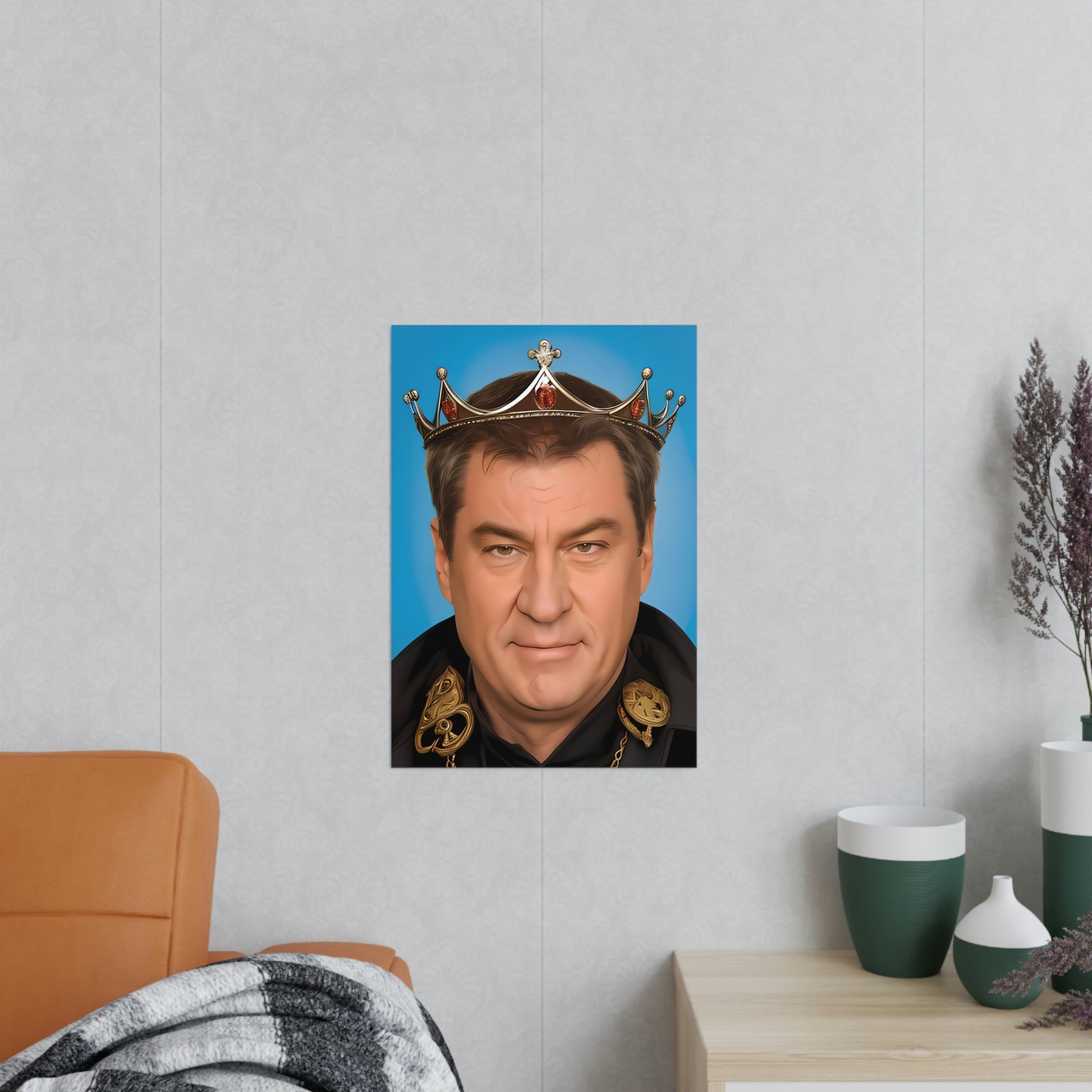 Humorvolles Poster mit Markus Söder in einer Krone, gedruckt auf hochwertigem Fotopapier, perfekt zum Verschenken und für den persönlichen Gebrauch.