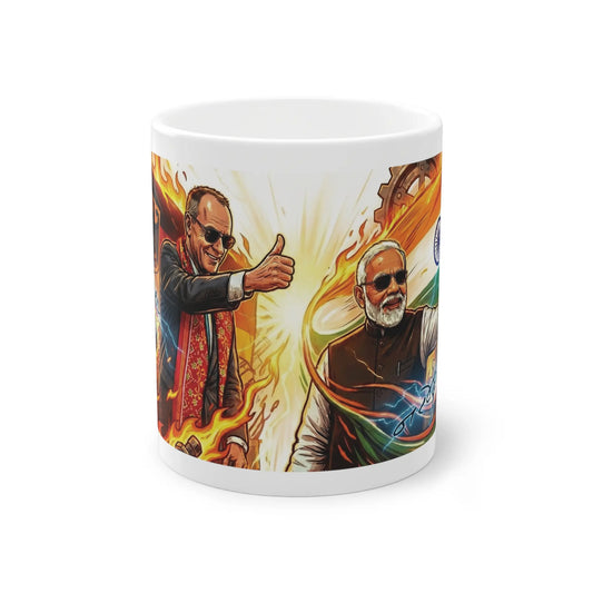 Kaffee Tasse mit buntem Modi und Merz Design und Sonnenbrillen. Auffälliges India Merch für Fans der deutsch-indischen Partnerschaft.