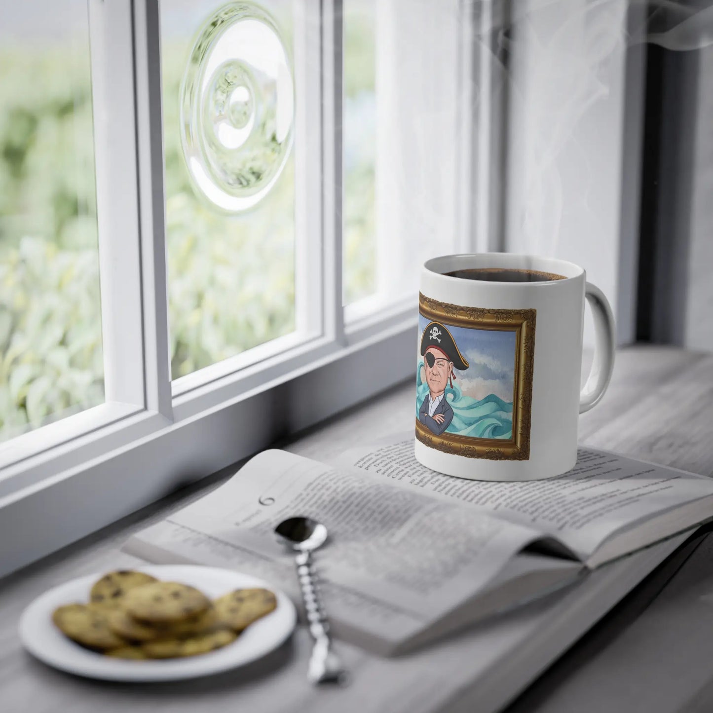 Olaf Scholz Tasse auf dem Fensterbrett. Ein lustiges Politik Geschenk für Freunde.