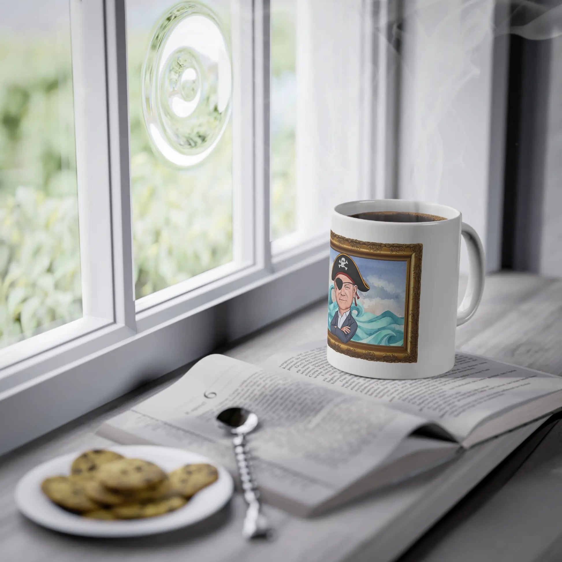 Olaf Scholz Tasse auf dem Fensterbrett. Ein lustiges Politik Geschenk für Freunde.