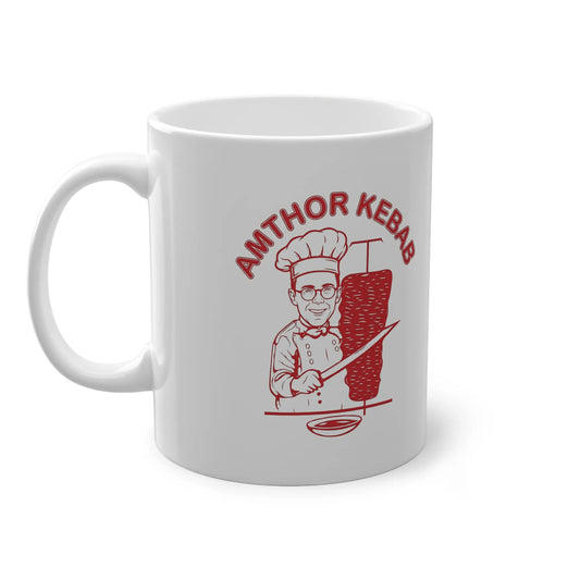 Weiße Keramik Amthor Kebab Tasse mit rotem Döner Logo, lustige Bürotasse für Kaffee und Tee, Philipp Amthor Meme Motiv.
