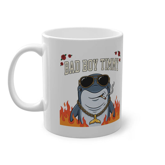 Bad Boy Timmy 330ml Tasse featuring a cool shark with sunglasses, roses, and flame design, a funny marine themed novelty mug and gag gift.