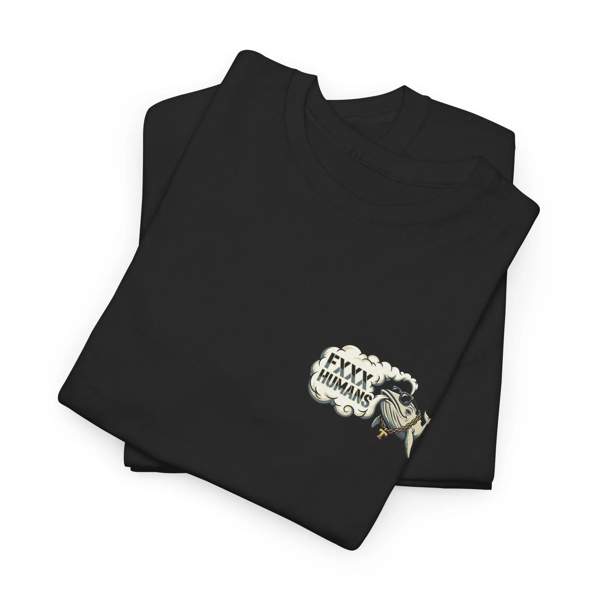 Black folded T-shirts with a small graphic print on the chest featuring Timmy der Wal, a piece of Team Timmy Buckelwal-Ostsee-Streetwear made of ringgesponnene Baumwolle.