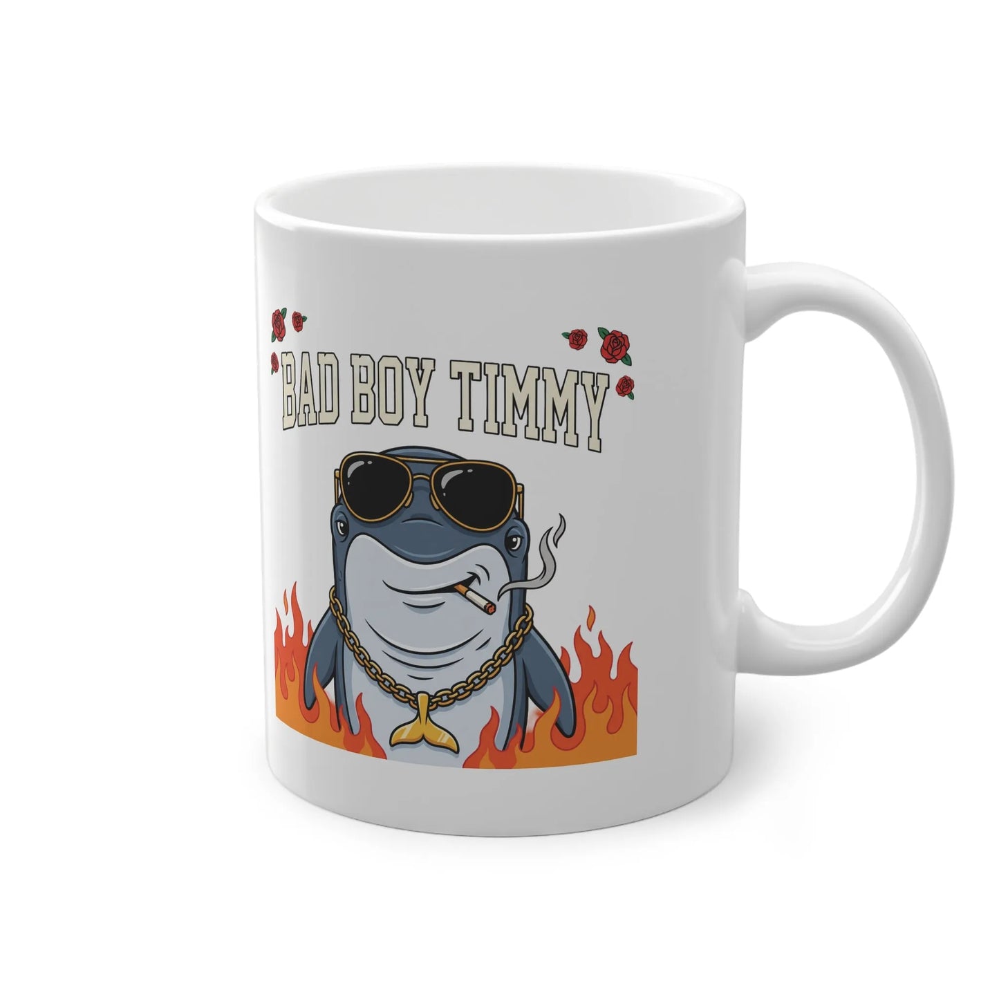 White ceramic cute shark mug featuring the character Bad Boy Timmy with sunglasses and a gold chain, an edgey coffee office mug and Ostsee Wal humor gift for men.