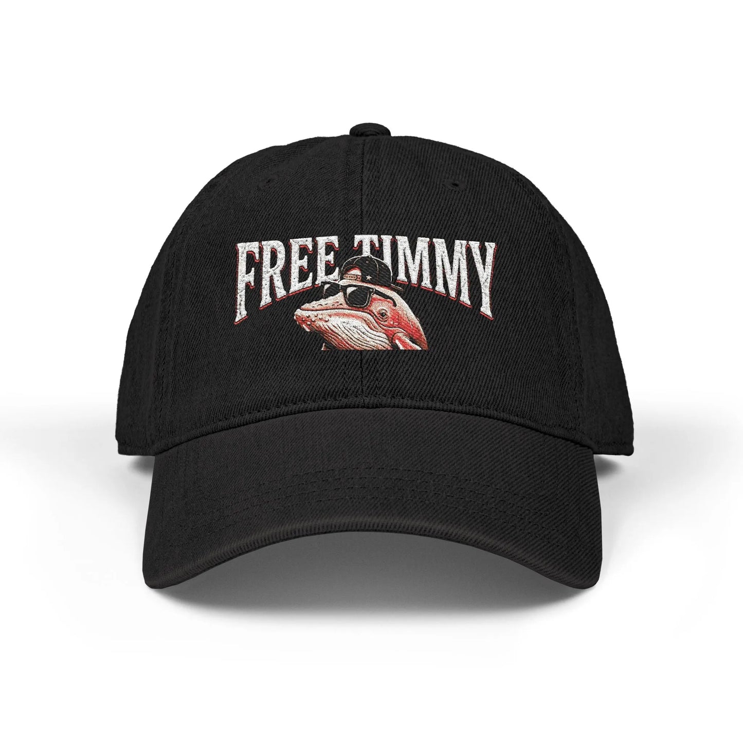 Schwarze Free Timmy Denim Baseball Cap mit gesticktem Ostseewal-Meme, verstellbarem Riemen und Vintage-Waschung für urbanen Street Style.