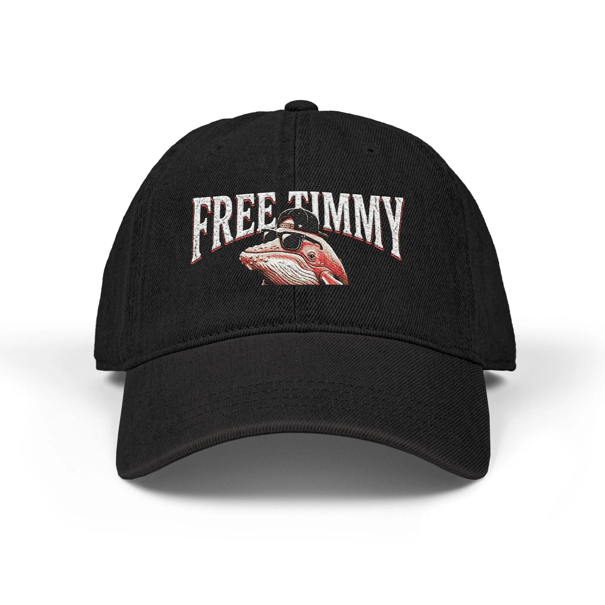 Schwarze Free Timmy Denim Baseball Cap mit gesticktem Ostseewal-Meme, verstellbarem Riemen und Vintage-Waschung für urbanen Street Style.