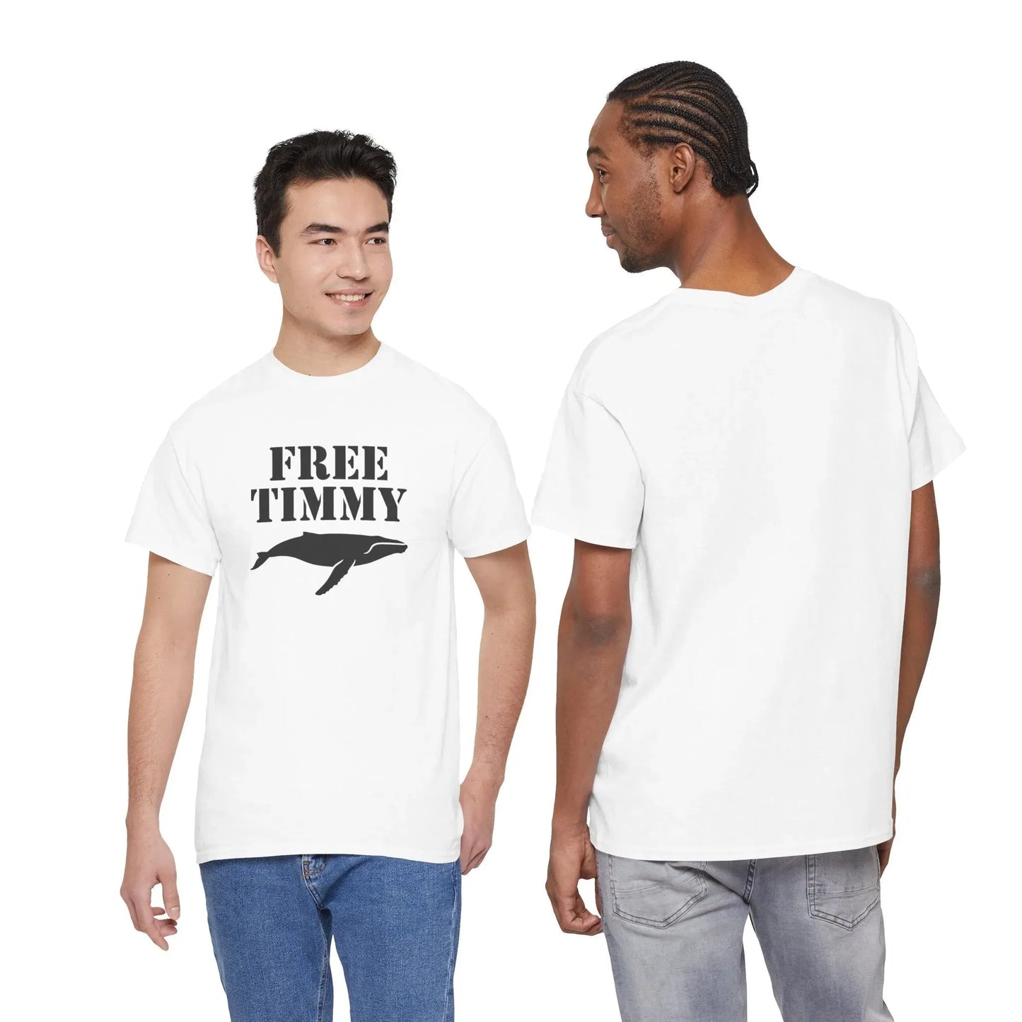 White unisex cotton T-shirt featuring a black whale silhouette and 'FREE TIMMY' lettering in a raw Street-Art stencil style, an iconic statement piece and gift for marine activism.