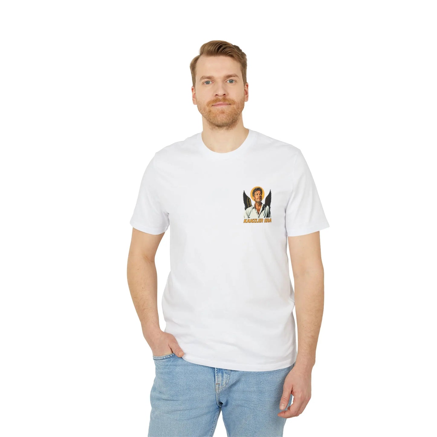 grüner Merch: weißes Männer T-Shirt mit Robert Habeck Engelabbildung
