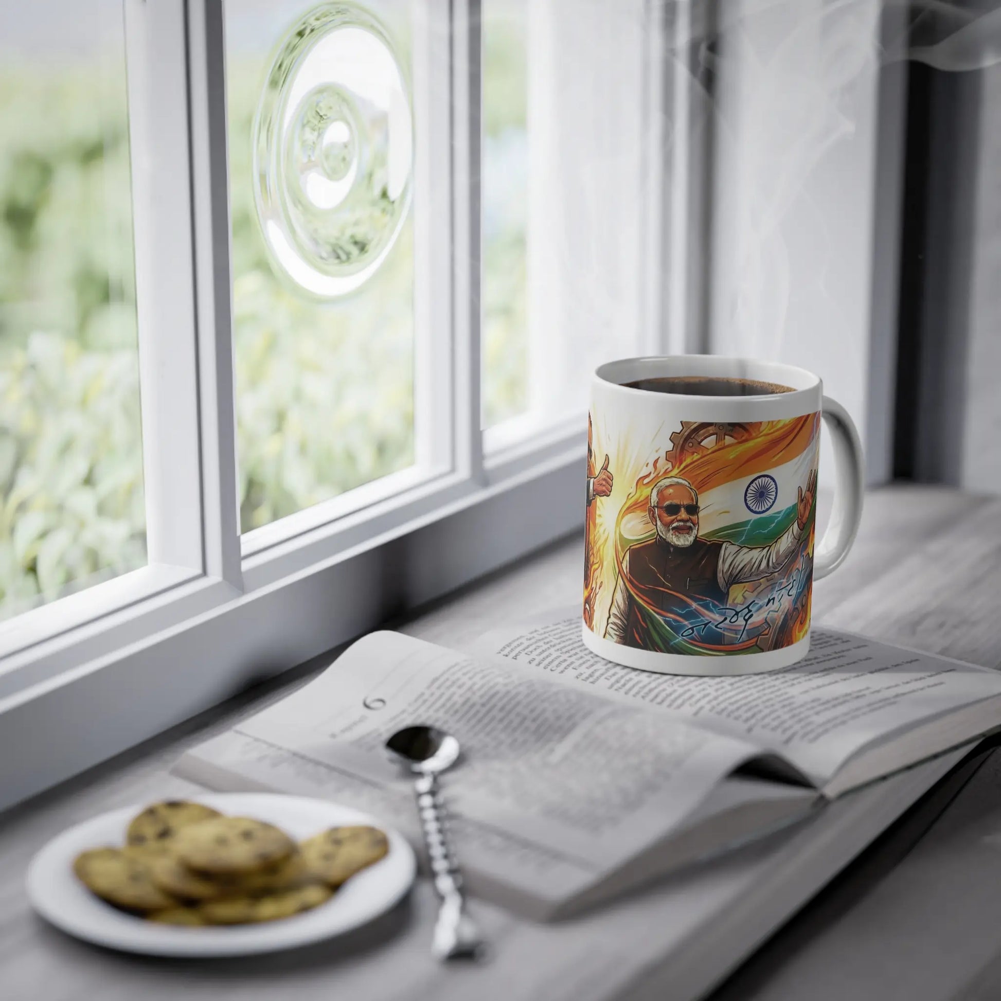 Modi Merz Tasse auf Fensterbank. Ein beliebtes Souvenir für Indian Expats in Germany und Symbol für den Modi Merz Deal.