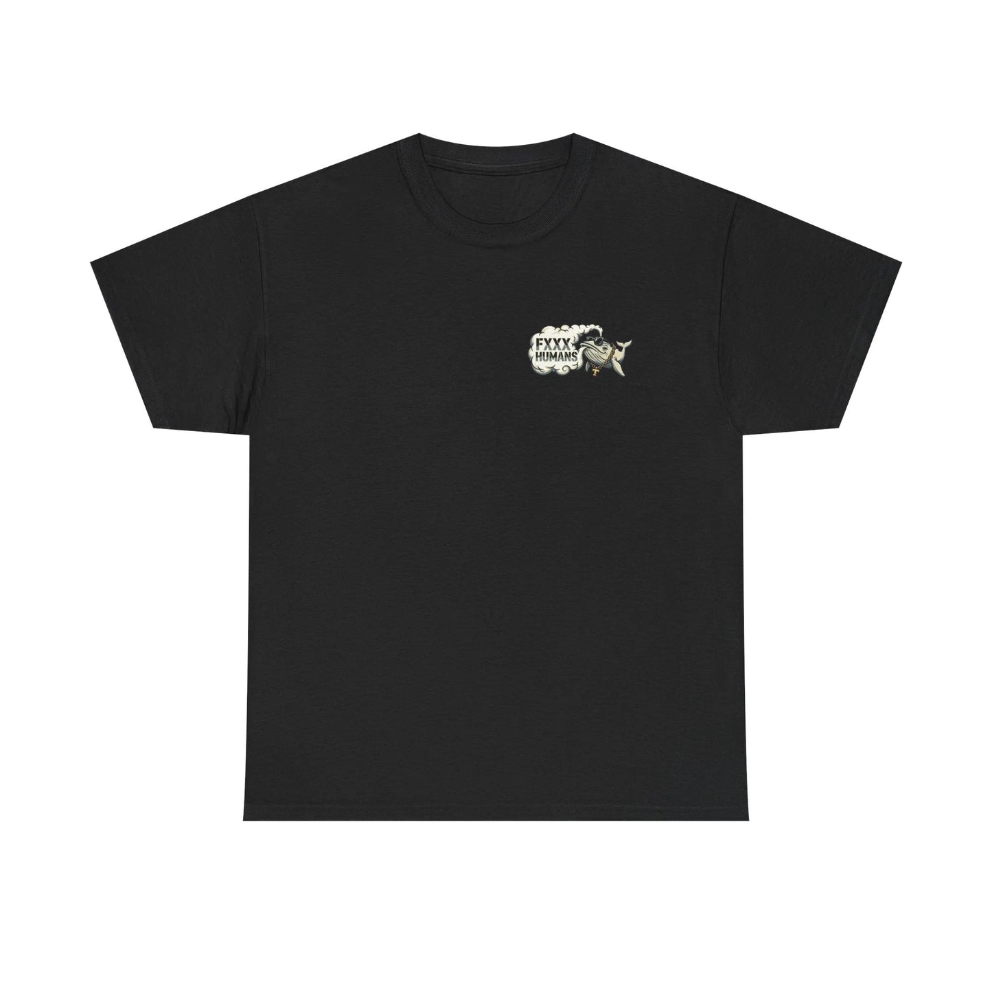 Schwarzes Unisex T-Shirt mit einem kleinen Brust-Grafiklogo von Timmy der Wal und einer Rauchblase als Statement, hochwertige Buckelwal-Ostsee-Streetwear jenseits von Pray for Timmy.