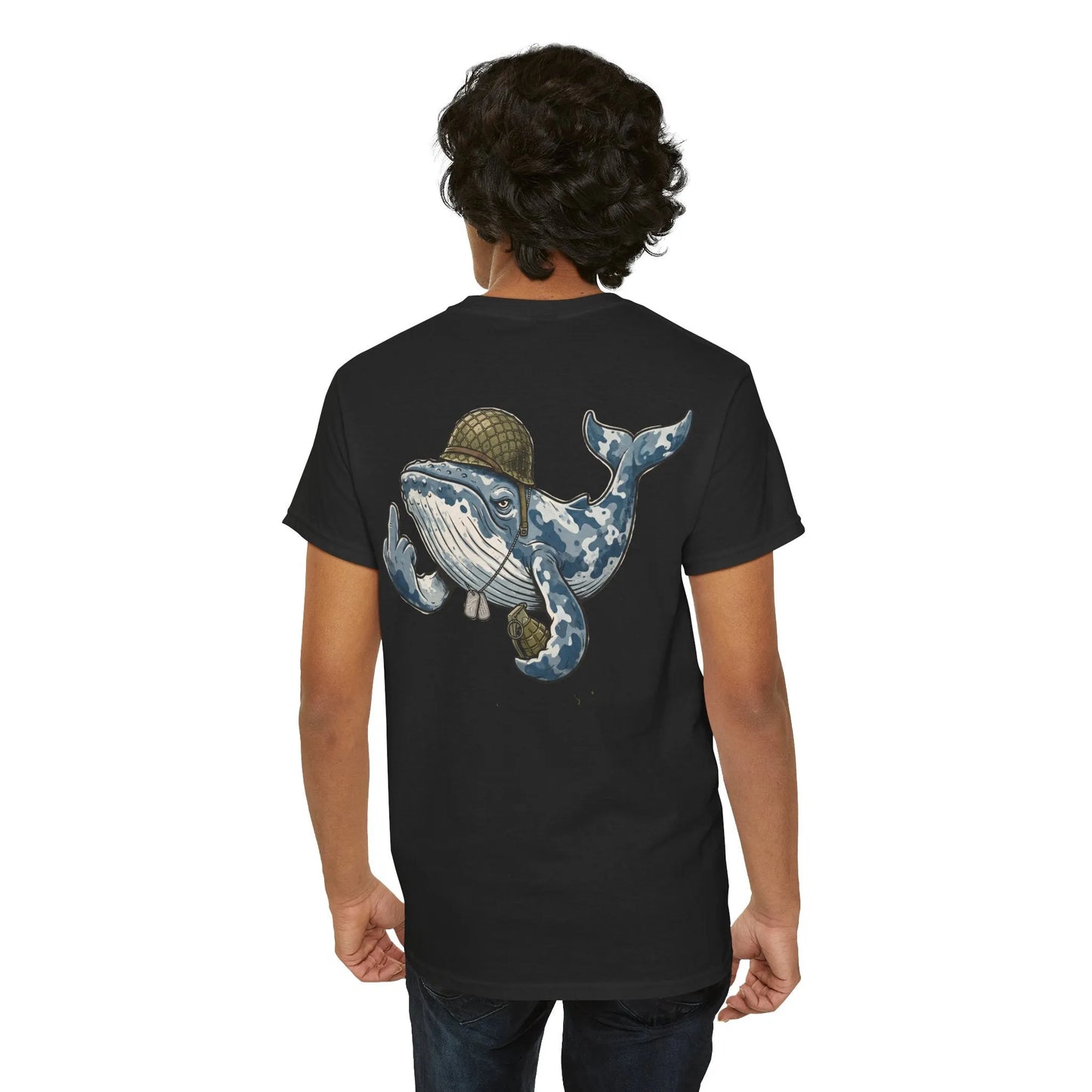Back view of a black Timmy der Wal unisex T-shirt featuring a large cartoon whale graphic wearing a helmet, serving as an official statement to the menschliche Spezies.