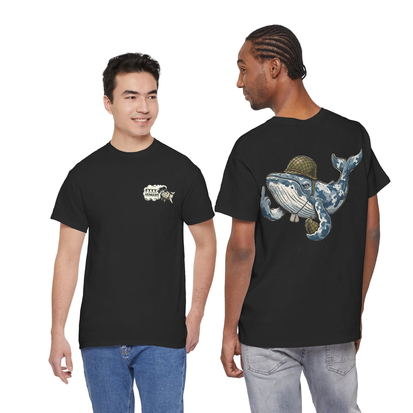 Schwarzes Timmy der Wal Unisex T-Shirt mit großer Buckelwal-Grafik auf dem Rücken, 100 % ringgesponnene Baumwolle, klassischer Schnitt, in Deutschland gedruckt.