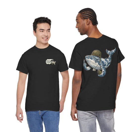 Schwarzes Timmy der Wal Unisex T-Shirt mit großer Buckelwal-Grafik auf dem Rücken, 100 % ringgesponnene Baumwolle, klassischer Schnitt, in Deutschland gedruckt.